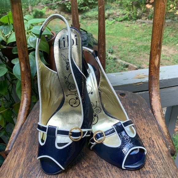 TIBI Navy & White Peep-toe Slingbacks - Picture 2 of 13